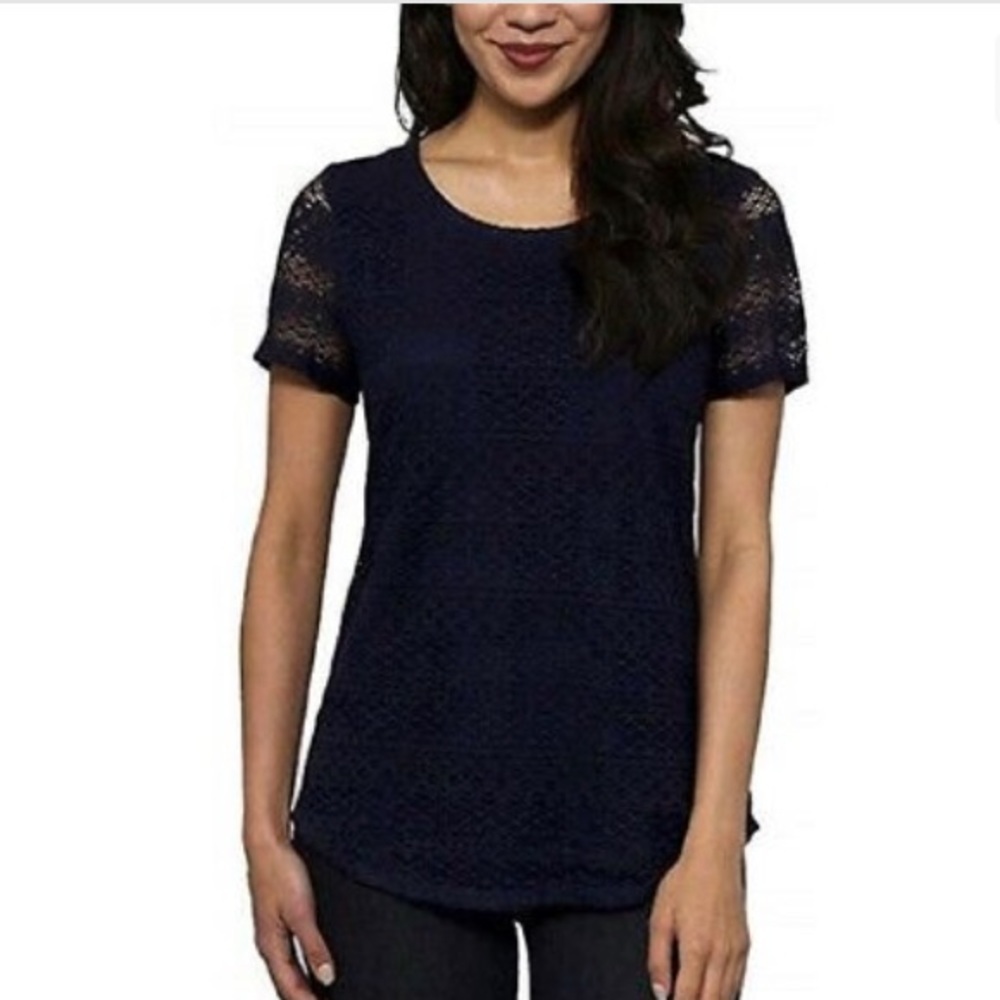 LEO‎ & NICOLE Lace Overlay Blouse #34264C - Color: Ink Spot (Dark Blue), XL, NWT